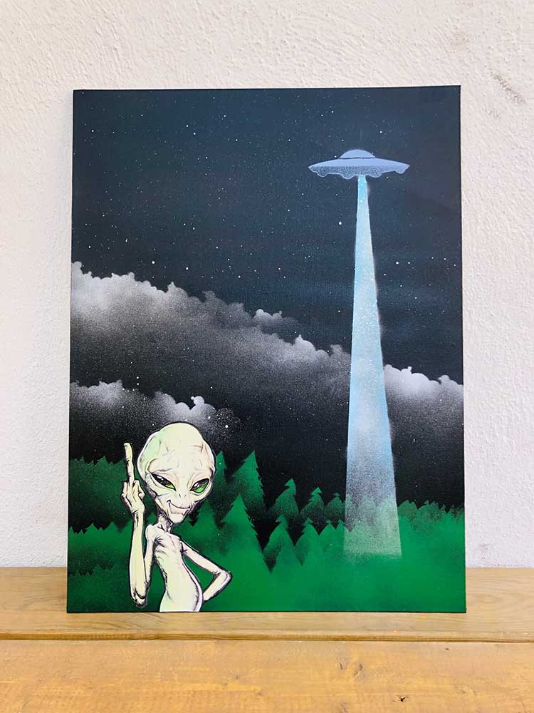mixed media graffiti art canvas using stencils and applied alien