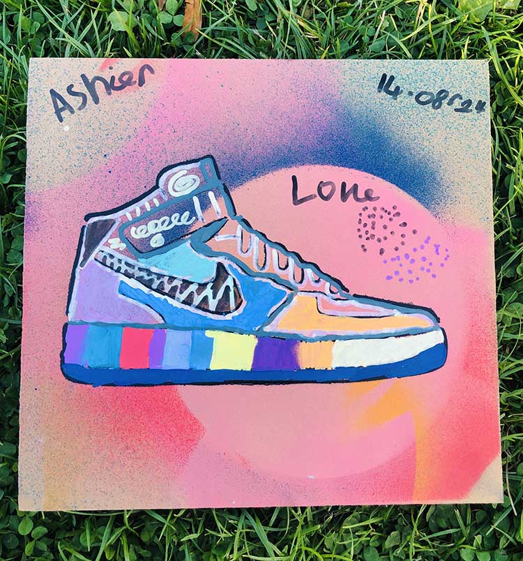 spray painted graffiti cards with stenciled high tops and shell toe designs