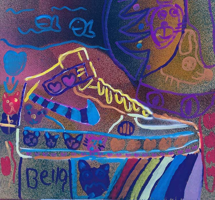 spray painted graffiti cards with stenciled hightops and shell toe designs