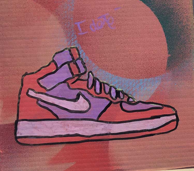 spray painted graffiti cards with stenciled hightops and shell toe designs
