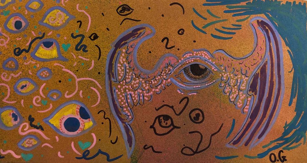 original drawing with paint pen on graffiti spray paint board flying eyeball