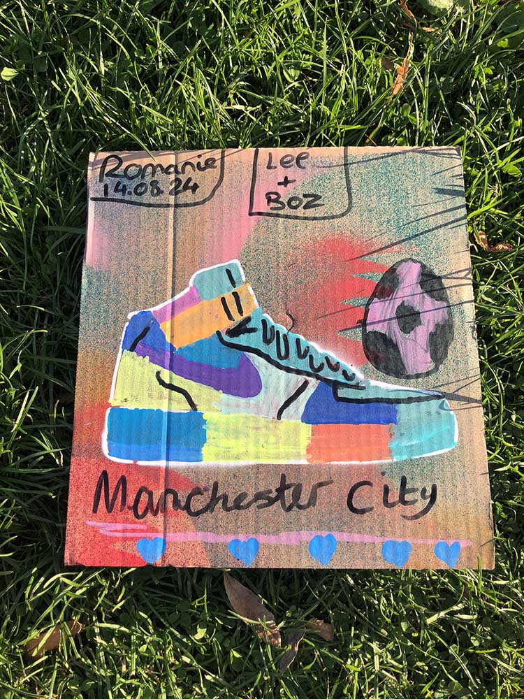 spray painted graffiti cards with stenciled hightops and shell toe designs