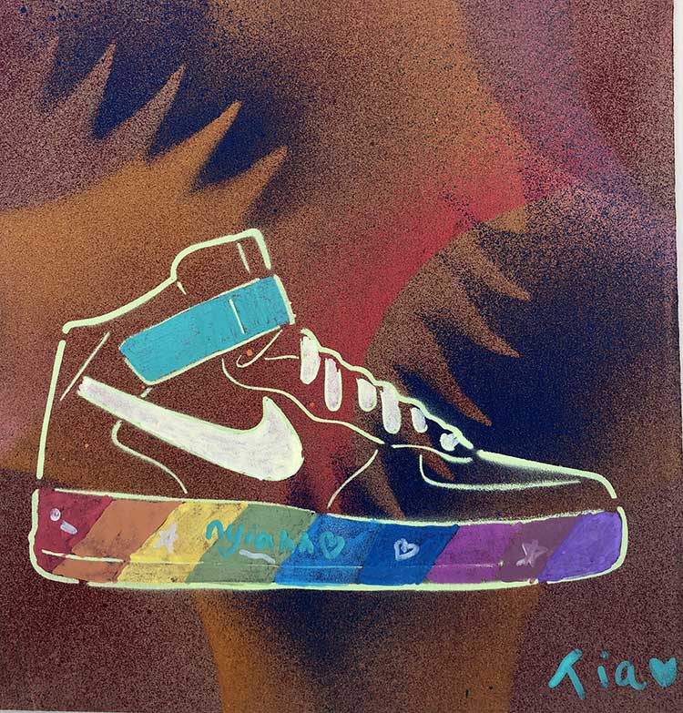 spray painted graffiti cards with stenciled hightops and shell toe designs