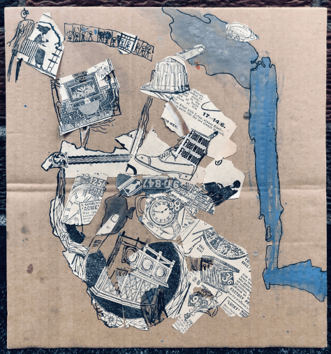 conceptual museum of movement with river collage art work mixed media using recycled materials