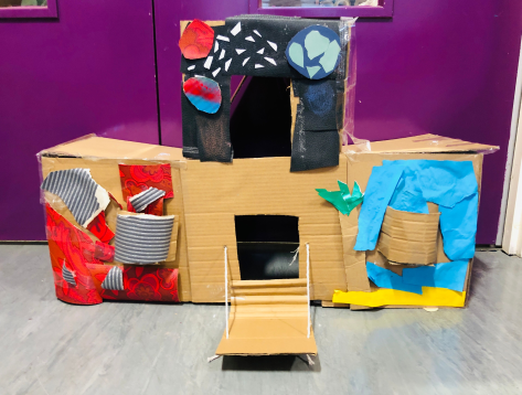 Medieval inspired 3D model with working drawbridge collage art work mixed media using recycled materials